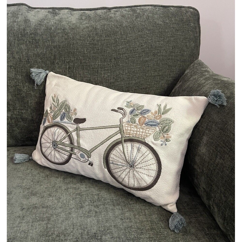 Kirklands Home Lumbar Pillow Bicycle Floral Embroidered Tassels 12x19 Spring